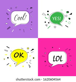 LOL OK YES COOL Speech bubbles with dialog words
Vector bubbles speech illustration pink 
Thinking and speaking clouds