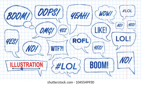 Lol Speech Bubbles Sketch Set Vector. Fun Symbol. Emotion. Facial Expression. Expressions Hand Drawn Lol Stickers. Teen Slang Abbreviations. Illustration
