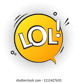 Lol text speech label icon. Pop retro vector tag comic background design.