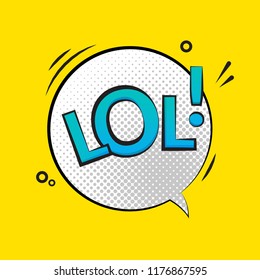 Lol text speech label icon. Pop retro vector tag comic background design.