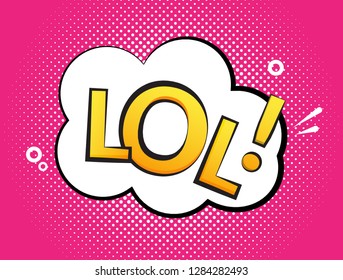 Lol text speech label icon. Pop retro vector tag comic background design.
