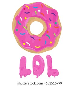 LOL Typography graphic print with Donut, Abstract fashion drawing for t-shirts. creative design for girls. Illustration in modern style for clothes. Girlish print