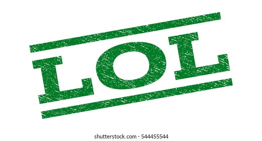 Lol watermark stamp. Text caption between parallel lines with grunge design style. Rubber seal stamp with scratched texture. Vector green color ink imprint on a white background.