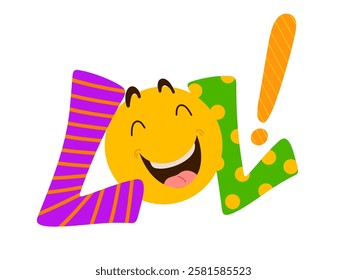 LOL! word icon. April Fool's Day comic emotional hand writing text and big smiling laughing face. Colourful emoji and lettering in pop art style. Isolated abstract design template