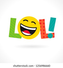 LOL! word icon. Comic emotional web text Lol and big smiling laughing face. Bright dynamic inscription with coloured letters L in pop art style. Isolated abstract multicolored graphic design template.