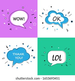  LOL WOW OK thank you, Speech bubbles with dialog words Vector bubbles speech illustration pink  Thinking and speaking clouds