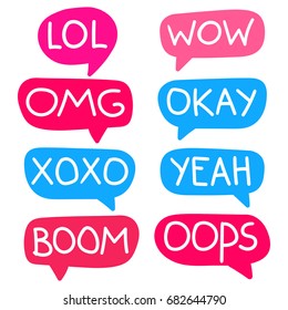 Lol, wow, omg, okay, xoxo, yeah, boom, oops. Lettering and hand drawn speech bubbles. Flat vector set of icons, stickers, badges, marks illustrations on white background.