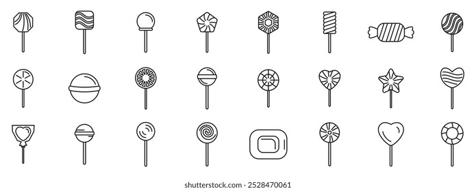 Ícones de lolipop definidos. Coleção de vários pirulitos com formas arredondadas e geométricas em varas no estilo de linha fina