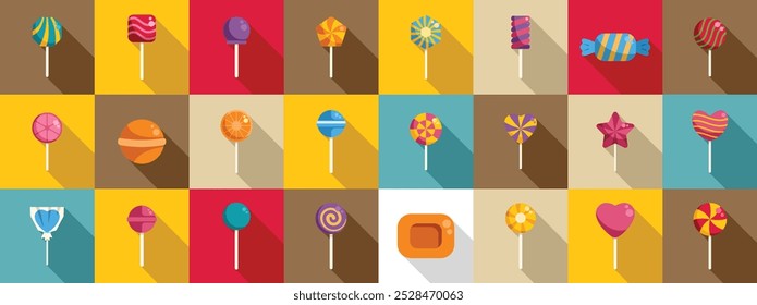 Conjunto de iconos de Lolipop. Esta Imagen es una colección de piruletas coloridas con largas sombras, que representan varios sabores y Formas, perfectas para proyectos relacionados con dulces, golosinas y recuerdos de la infancia