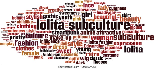 Lolita subculture word cloud concept. Collage made of words about Lolita subculture. Vector illustration 