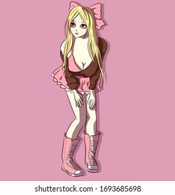 Lolita teenager in a pink dress standing with the hands on her legs. Kawaii japanese doll with long blonde hair.