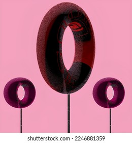 lollipop 3d illustration. Pair of sweet lollipops -  retro shape round candy on black stick isolated on pink . 3d rendering .Vector symbol.kids food-Candies, lollipop, sugar caramel in wrapper, gums .