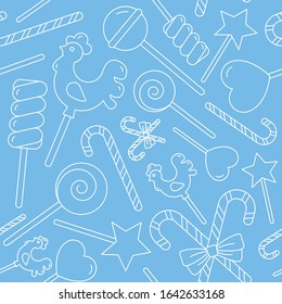 Lollipop background. Vector seamless pattern of sugar candy, caramel, sweet snack and other sweets.