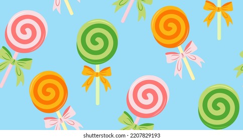 Lollipop with a bow. Bright seamless pattern.