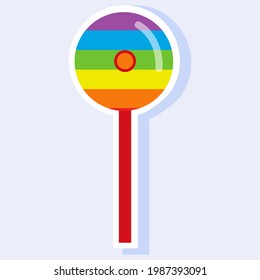 The lollipop is bright, iridescent on a stick. Candy sticker on a light background