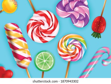 Lollipop candies closeup realistic top view seamless pattern with rainbow spiral pastel striped  cane strawberry vector illustration 