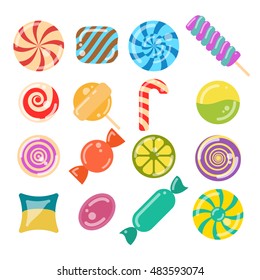 lollipop candies set. flat style vector illustration of 16 sweets on white background. for game, postcard, invitation and web design