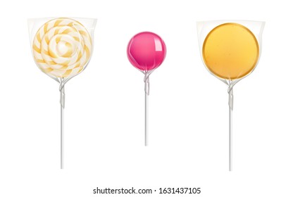 Lollipop candies in transparent plastic pack isolated on white background. Vector realistic mockup of round caramel on stick in clear package. Icons of wrapped sweets