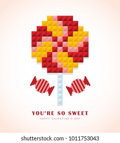 Lollipop and candy in 3D pixel art isolated on pink background. Valentines day icon. You're so sweet. Flat vector illustration.