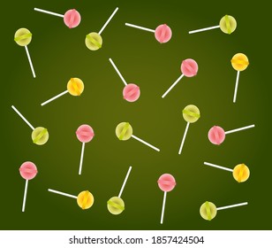 Fondo de caramelos de la olla. Coloquios amarillos, verdes, rojos sobre el fondo verde aislados, imagen vectorial brillante imprimible.