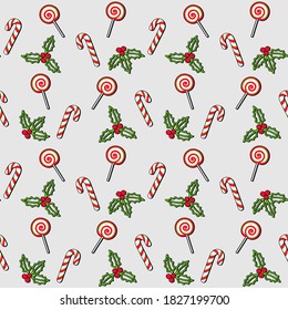 Lollipop, candy cane, mistletoe and Christmas Holly berries on a gray background. Vector seamless pattern for festive design, Christmas and New Year wallpaper, banner, gift wrapping, packaging, wrappe