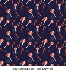 Lollipop, Candy cane and Snowflakes vector repeat pattern, Hand drawn Christmas repeat pattern for  background, wallpaper, gift wrapper, textile, packaging, banner.