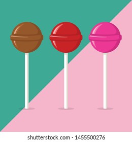 Lollipop Candy Flat Style Isolated With Background Vector Icon Illustration Chocolate, Strawberry, Vanilla Candy Symbols