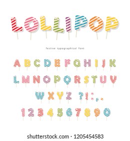 Lollipop candy font design. Colorful cartoon ABC letters and numbers. Decorative striped glossy sweets.