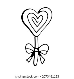 Lollipop candy in heart shape. Happy Valentines day hand-drawn decorations. Vector illustration in doodle style.