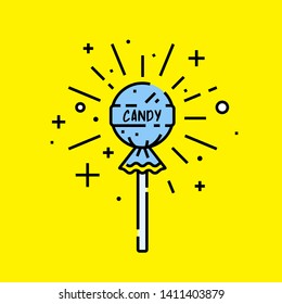 Lollipop Candy Icon. Lolly Flavor Burst Symbol. Blue Sweet Fizzy Sucker Stick Isolated On Yellow Background. Vector Illustration. 