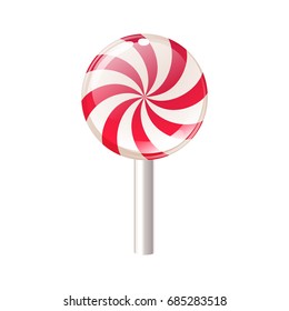 Lollipop candy isolated on white background. Red and white spiral candy. Strawberry lollipop vector illustration.