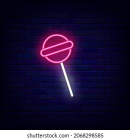 Lollipop candy neon sign. Sweet bar. Cake store. Night bright emblem. Outer glowing effect logo. Editable stroke. Isolated vector stock illustration