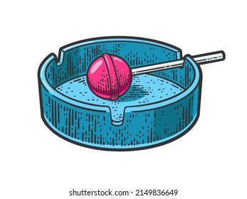 lollipop candy on stick in ashtray line art color sketch engraving vector illustration. T-shirt apparel print design. Scratch board imitation. Black and white hand drawn image.
