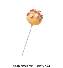 Lollipop candy on stick. Roll pop with colorful sprinkles decor. Round ball-shaped hard lollypop. Sugar sucker. Yummy lolly. Realistic flat vector illustration of dessert isolated on white background