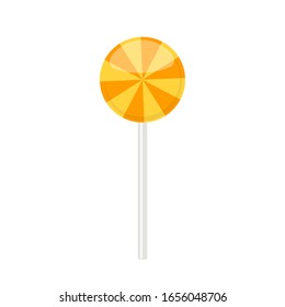 Lollipop candy with orange straight radial rays pattern. Vector illustration isolated on white background 