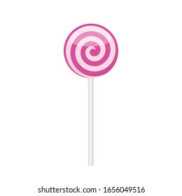 Lollipop candy with pink and purple spiral pattern. Vector illustration isolated on white background 