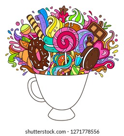 lollipop, candy shop, Valentine's day, cupcake, cup of coffee, chocolate, sweets, doodles, hand drawn