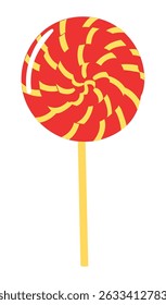 Lollipop candy with spiral pattern hand drawn illustration, isolated vector on transparent. Flat style design. Birthday celebration, festival, carnival, party, anniversary clip art, element
