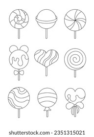 Lollipop candy stick. Coloring Page. Sweet confectionery. Vector drawing. Collection of design elements.