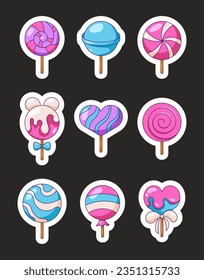 Lollipop candy stick. Sticker Bookmark. Sweet confectionery. Vector drawing. Collection of design elements.