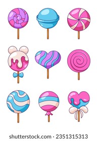 Lollipop candy stick. Sweet confectionery. Vector drawing. Collection of design elements.