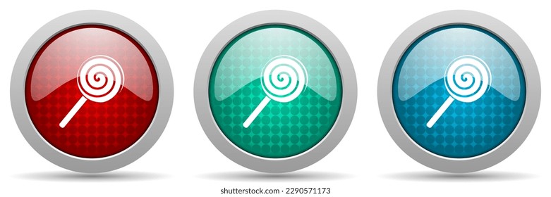 Lollipop, candy, sweet food vector icon set, glossy web buttons collection