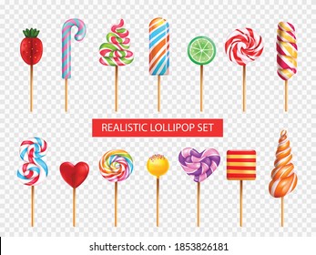 Lollipop candy various taste flavor shape spiral rainbow heart strawberry lime transparent background realistic set vector illustration 