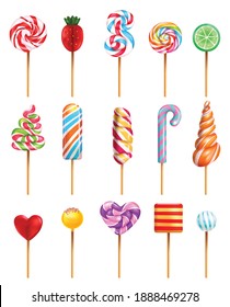 Lollipop candy various taste flavor shape spiral rainbow strawberry heart green lime slice realistic set vector illustration