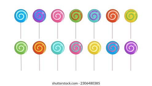 Lollipop candy vector icon, spiral sucker on stick, sugar swirl set. Rainbow sweet lollypop isolated on white background. Cartoon illustration