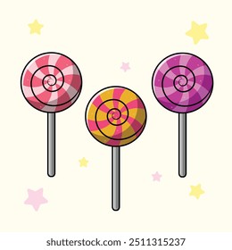 Lollipop candy vector icon, spiral sucker on stick, sugar swirl set. Rainbow sweet lollypop isolated on white background. Cartoon illustration