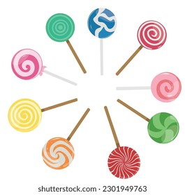 Ilustración vectorial de caramelo de langostino con varios patrones de espiral y rayo. Dulces dulces dulces y coloridos caramelos con palo. Estilo de caricatura. Vector plano aislado sobre fondo blanco. 