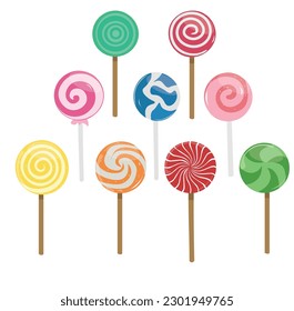 Lollipop candy vector illustration set with various spiral and ray patterns. Sweet colorful lollipop candy on stick. Cartoon style. Flat vector isolated on white background. 