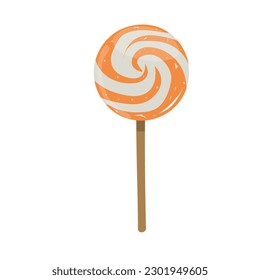 Lollipop candy vector illustration with various spiral and ray patterns. Sweet colorful lollipop candy on stick. Cartoon style. Flat vector isolated on white background. Orange taste.
