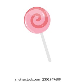 Lollipop candy vector illustration with various spiral and ray patterns. Sweet colorful lollipop candy on stick. Cartoon style. Flat vector isolated on white background. Pink candy.